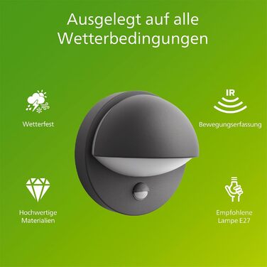 Зовнішній настінний світильник PHILIPS June з датчиком руху, E27, антрацит