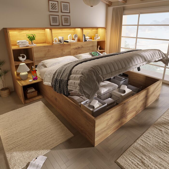 Двоспальне ліжко ANIROY, дерев&39яне ліжко 180x200 см, гідравлічне ліжко з місцем для зберігання речей та узголів&39ям, узголів&39я для зберігання речей зі світлодіодним підсвічуванням та портом USB-C, каркас ліжка System з рейковою основою, матрац не вхо