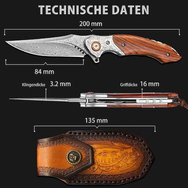 Кишеньковий ніж LOTHAR TUNA, дамаський складаний ніж з 67 шарів дамаської сталі VG10, дамаський кишеньковий ніж з гострим лезом і