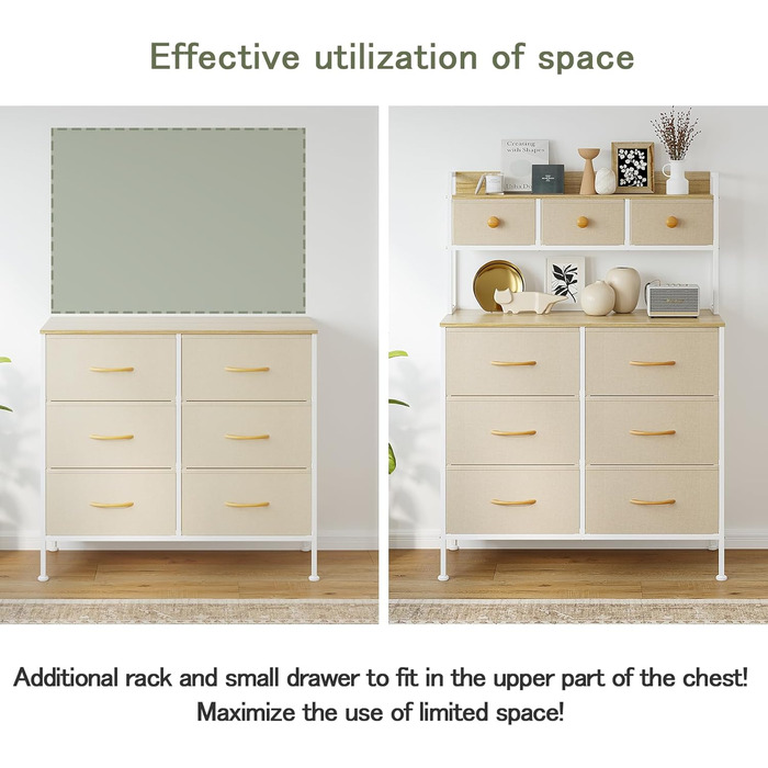 Комод з 9 шухлядами, комод для спальні, металевий каркас, дерев&39яна стільниця, тканинні шухляди, тканинний комод для спальні, вітальня, бежевий Бежевий D36
