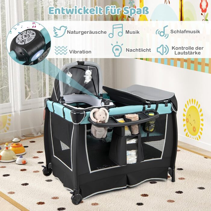 Дорожнє ліжечко з матрацом, дитяче ліжечко 6-в-1, дорожнє ліжечко з колискою, пеленальний столик, сумка для зберігання, музична скринька, підвісні іграшки, колеса, що блокуються, для дітей від 0 до 36 місяців (зелене)