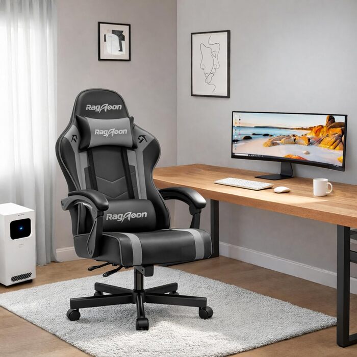 Ігрове крісло - Ергономічне ігрове крісло з підставкою для ніг, підголівником та поперековою опорою, регульоване по висоті, м&39яке, вантажопідйомність 150 кг, чорно-сіре