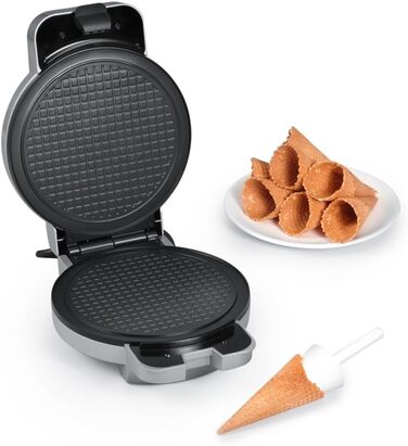 Торговий автомат SEVERIN Squirrel для хрустких вафельних ріжків, практична вафельниця для морозива з антипригарним покриттям, конусна праска з конусом для формування конусів, срібло, HA 2082