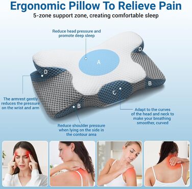 Подушка для шиї, подушка з піни з ефектом пам&39яті, ергономічна подушка, ортопедична подушка. Підходить для сну на боці, спині та животі. Полегшує біль у плечах та забезпечує полегшення. 60 * 34 * 13/10 см
