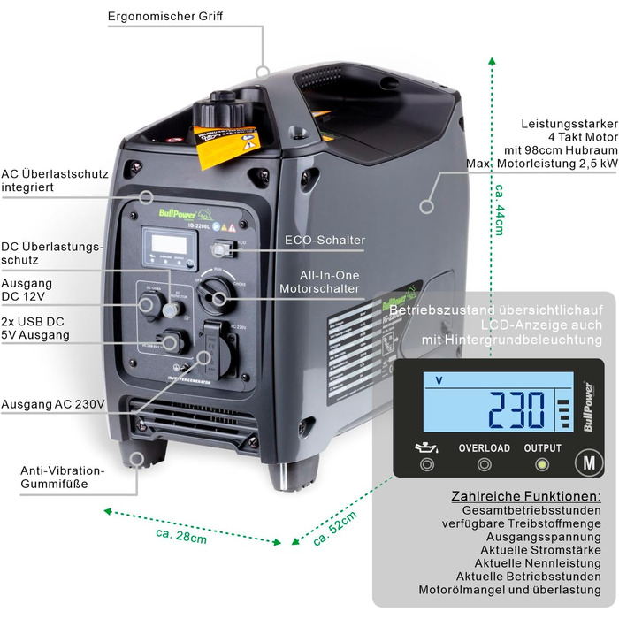 Бензиновий цифровий інверторний генератор потужністю 2000 Вт, 230 В, 12 В, 2 USB-порти - 4-тактний - 3,4 к.с. - РК-дисплей, 2200L -