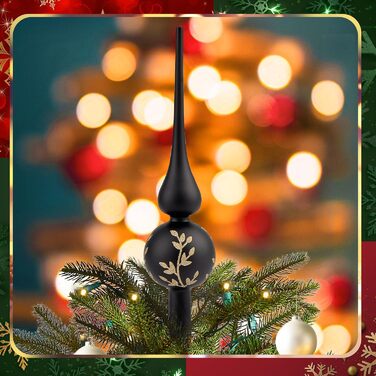 Скляна новорічна верхівка для ялинки 26 см чорна-золотиска Hukermoon