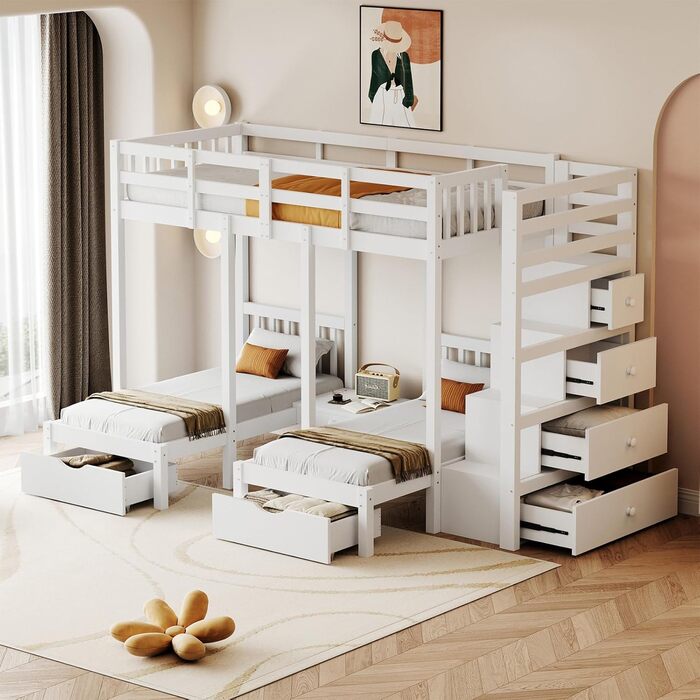 Двоярусне ліжко Billg 200x90 см для 3 дітей, дитяче ліжко із захистом від падіння, ліжко-горище з висувними ящиками, тумбочками і