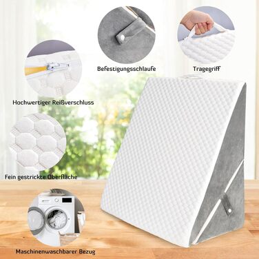 Регульована клиноподібна подушка, подушка для читання з піни високої щільності для ліжка та дивана, ергономічна подушка для голови, клиноподібна подушка для рефлюксного апное сну, подушка для ніг/спини для гри та читання (білий та сірий)