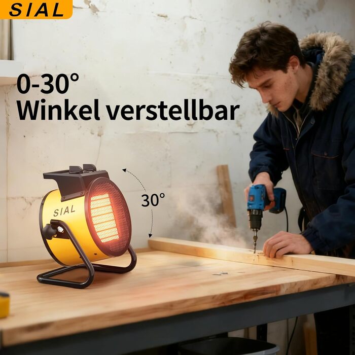 Тепловентилятор SIAL 2000 Вт - Електричний обігрівач - Керамічний радіаційний обігрівач - Будівельний обігрівач/осушувач повітря - Обігрівач із захистом від перегріву - Для будівельних майданчиків, будинків, майстерень, гаражів - P2 - Жовтий - 2 кВт