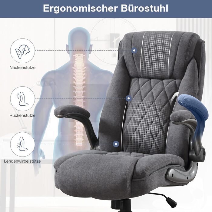 Ергономічне офісне крісло, вантажопідйомність 180 кг, письмове крісло з високою спинкою та широким сидінням, відкидні підлокітники, комп&39ютерне крісло для офісу, дому та ігор, темно-сіре