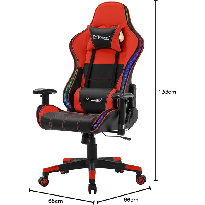 Ігрове крісло ML-Design із RGB-світлодіодним підсвічуванням та Bluetooth-динаміками, червоне, штучна шкіра, ергономічне офісне крісло, висока спинка, підголівник, поперекова підтримка, поворотне та регульоване, гоночне ігрове крісло