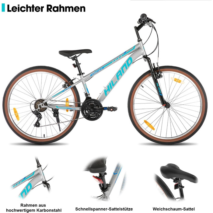 Гірський велосипед HILAND 26 дюймів для чоловіків та жінок, 21-швидкісний гірський велосипед, високоміцна сталева рама, гальма V-подібної форми, хардтейл для дорослих, сірий
