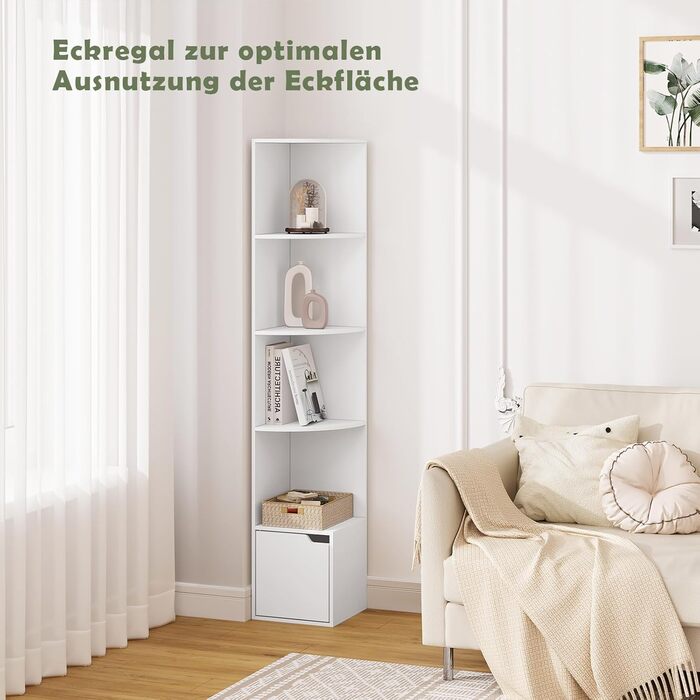 Кутова полиця WOLTU, книжкова шафа, окремостояча полиця, полиця для зберігання, полиця з дверцятами, з 5 полицями, виготовлена з інженерної деревини, для кабінету, спальні, вітальні, офісу, 29,5x158x29,5 см, білий, SK038ws