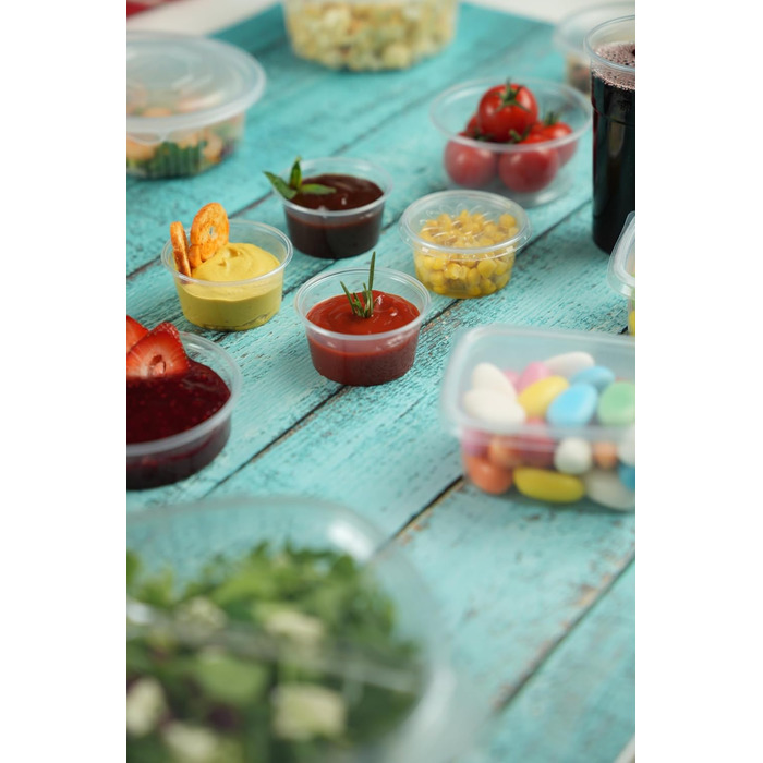 Контейнери для зберігання Inoverse на 500 предметів, стаканчики для заправки з кришками 80 мл стаканчики для соусу з ПП, прозорі контейнери для соусів на винос, контейнери для соусу, стаканчики для дегустації, стаканчики для делікатесів, без BPA 80 мл.