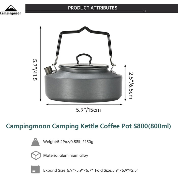 Портативний алюмінієвий кемпінговий чайник Campingmoon S800 (0,8 л)