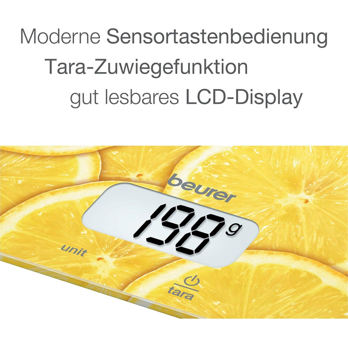 Цифрові кухонні ваги Beurer KS 19 Lemon (функція зважування тари, сенсорна клавіша, вантажопідйомність 5 кг)