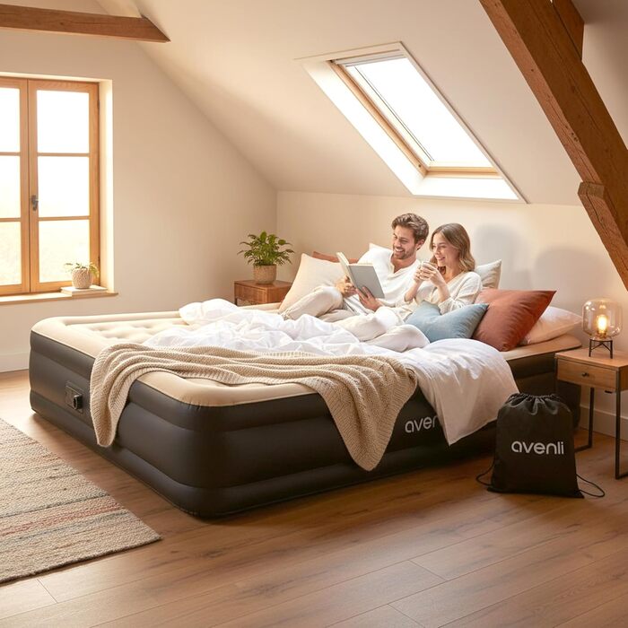 Самонадувальний надувний матрац/ліжко AVENLI для 2 осіб, 203x157x47 см, надувне гостьове ліжко з вбудованим насосом, надзвичайно висока спальна поверхня, флокована поверхня для кемпінгу та дому
