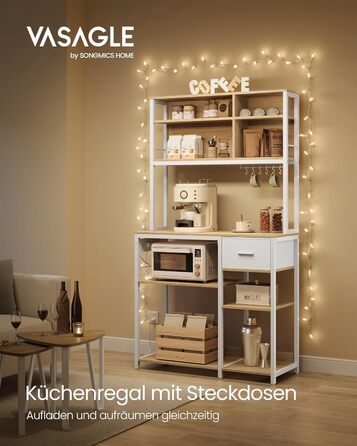 Кухонна полиця VASAGLE з розетками, окремостояча полиця, 40 x 100 x 180,4 см, полиця для випічки, регульовані полиці, шухляда для тканини, 12 гачків, кухня, Золотий дуб-хмарно білий KKS027Y02 40Г x 100Ш см Золотий дуб хмарно білий