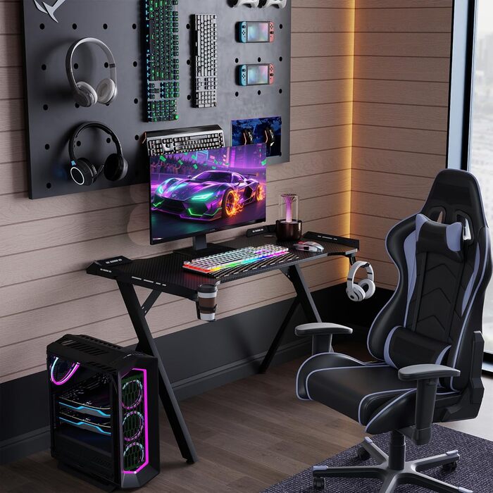 Ігровий стіл із RGB-світлодіодним підсвічуванням, 120x60 см, ергономічний ігровий комп&39ютерний стіл з карбоновою поверхнею, RGB-ігровий стіл/комп&39ютерний стіл з пультом дистанційного керування та кріпленням для навушників, чорний, 120x60x75 см