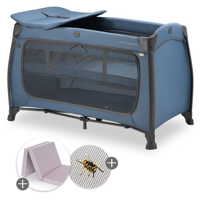 Дитяче ліжечко Hauck для подорожей Play N Relax Center з комфортним матрацом та захистом від комах - Дитяче ліжечко для подорожей з вкладишем для новонароджених, пеленальний килимок та сумка (регульована висота та складається) - темно-синій колір з передн