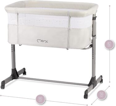 Багатофункціональне приліжкове та дитяче ліжко Momi REVO, 6-рівневе регулювання висоти від 72 до 82 см, з колесами, включаючи матрац, кріпильні ремені, сітку від комах та ручку з іграшками