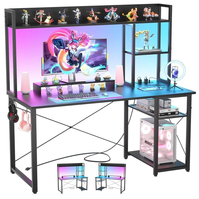 Ігровий стіл з полицею, комп&39ютерний стіл 47 дюймів зі світлодіодним підсвічуванням та розетками, стіл для домашнього офісу з двосторонніми 5-ярусними відділеннями для зберігання та підставкою для монітора, чорний, 120 см.