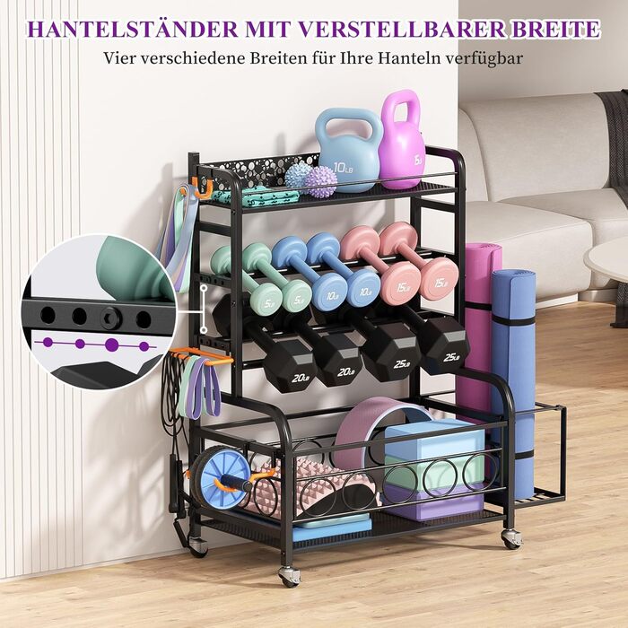 Стійка для гантелей, багатофункціональне сховище для гантелей, підставка для гантелей з колесами та гачками, може вмістити гантелі, килимки для йоги, ролики для фасцій, гирі та інші гантелі, чорна, для дому