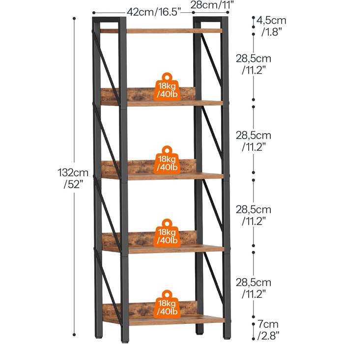 Книжкова полиця HOOBRO, стояча полиця, полиця-драбина, окремостояча вузька полиця, офісна полиця, 5 ярусів, відкриті полиці, для вітальні, спальні, офісу, кухні, рустикальний коричневий та чорний EBF73SJ01 42 x 28 x 132 см Рустикальний коричневий чорний