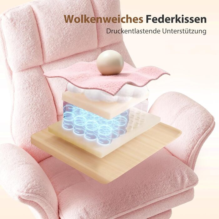 Ергономічне офісне крісло, крісло керівника, ігрове крісло з підставкою для ніг та регульованою на 135 спинкою, обертове крісло зі складними підлокітниками, крісло з високою спинкою з флісової тканини рожевий