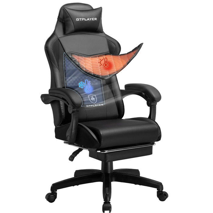 Ігрове крісло GTPLAYER, ергономічне офісне крісло з регульованою висотою, підходить для зими та літа, з подвійною спинкою, підставкою для ніг, знімним чохлом, 150 кг, чорний колір