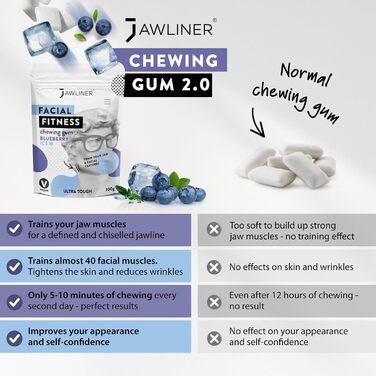 Jawliner® - Піонер найміцнішої ручної роботи Extreme Ultra 15x Harder Jawline Gum, що включає 12 тижнів коучингу - Жувальна гумка з чорницею без цукру - Тренажер для підборіддя - Жувальна гумка для формування щелепи (2 місяці упаковки)