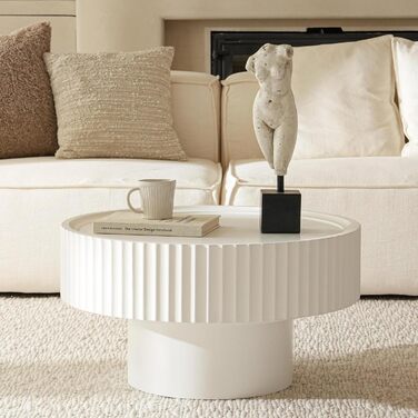 Круглий журнальний столик, круглий стіл для вітальні з ребристим дизайном, журнальний столик у формі гриба розміром 7038 см, журнальний столик з білої сосни для вітальні, спальні та балкону (білий)