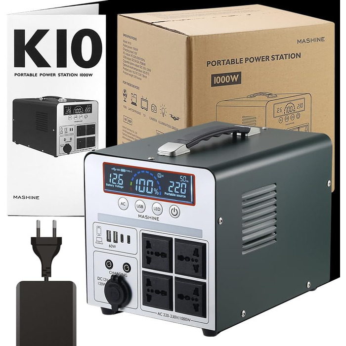 Портативна електростанція 1000 Вт/666 Втгод, портативний акумуляторний генератор, резервний акумуляторний блок для кемпінгу, автофургонів, дронів, надання першої допомоги та зовнішнього освітлення, з 4 розетками змінного струму