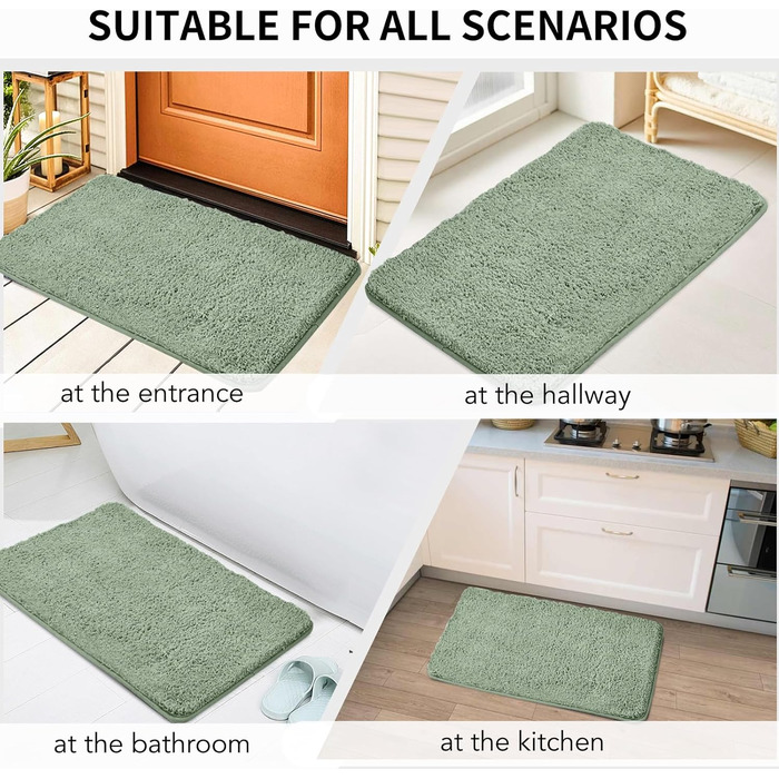 Набір із 3 нековзних килимків для ванної, мякі, водопоглинаючі, волохаті килимки для ванної з мікрофібри з високим ворсом, килимки для ванни, душу та ванної кімнати, які можна прати в пральній машині (зелені) 80 x 50 см (прямокутні)