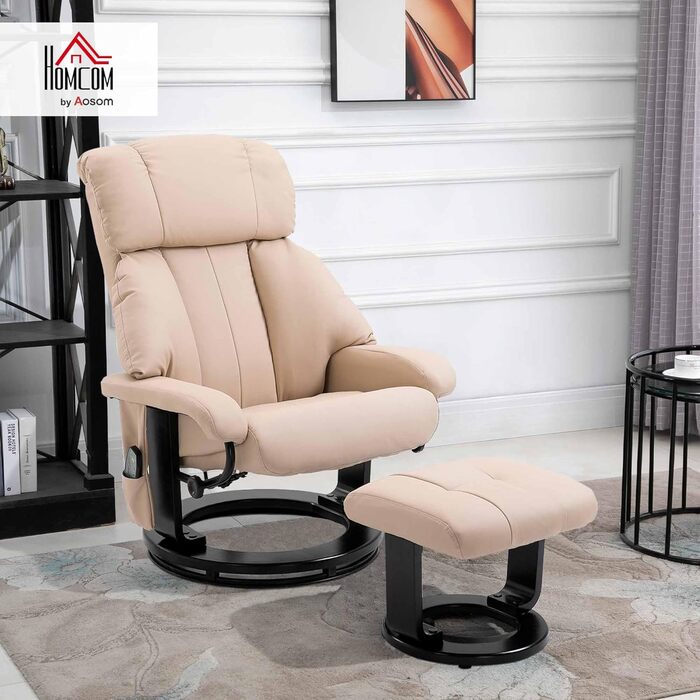 Крісло-реклайнер HOMCOM з підніжкою, обертове крісло для телевізора з функцією масажу, функція відкидання, масажне крісло з пультом дистанційного керування, бічна кишеня, крісло-реклайнер зі штучної шкіри для вітальні, кремово-білий, Д76 x Ш80 x В102 см
