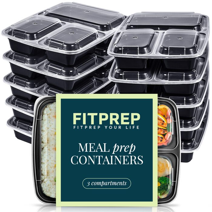 Набір контейнерів для приготування їжі FITPREP (10 шт.) - розділені на 3 відсіки, придатні для мікрохвильової печі та посудомийної машини, багаторазові, з герметичною кришкою, без BPA, ланчбокси, контейнери для заморожування, набір контейнерів для зберіга