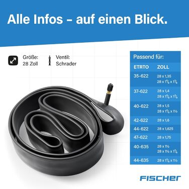 Камери для велосипеда Fischer 28 дюймів для ETRTO 35/50-622 Автоніпель Якісні велосипедні камери для міських та туристичних велосипедів Міцні, еластичні та довговічні 28 камери 35/50-622 (набір з 2 шт.)