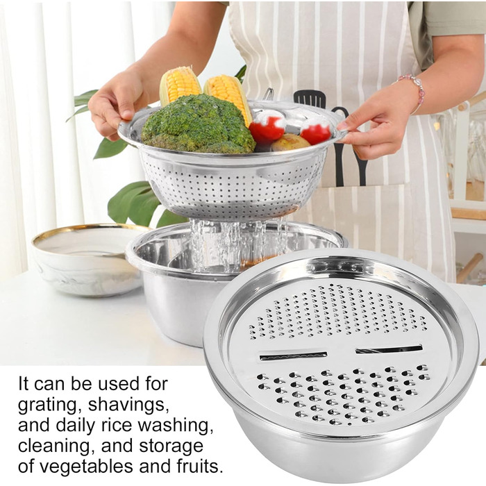 Таз з нержавіючої сталі QANYEGN з теркою, багатофункціональний кошик для зливу, терка для овочів, чаша для салатниці для кухонного інструменту (натуральний колір)