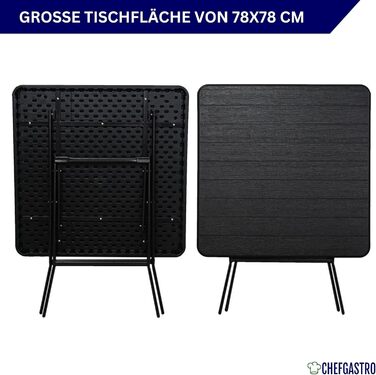 Складаний балконний стіл 78x78 см, водонепроникний садовий стіл для 4 осіб, пластиковий, під дерево, чорний, кемпінговий стіл, вуличний складний стіл, невеликі меблі для балкону, бістро, сад, тераса, балкон, під дерево, чорний