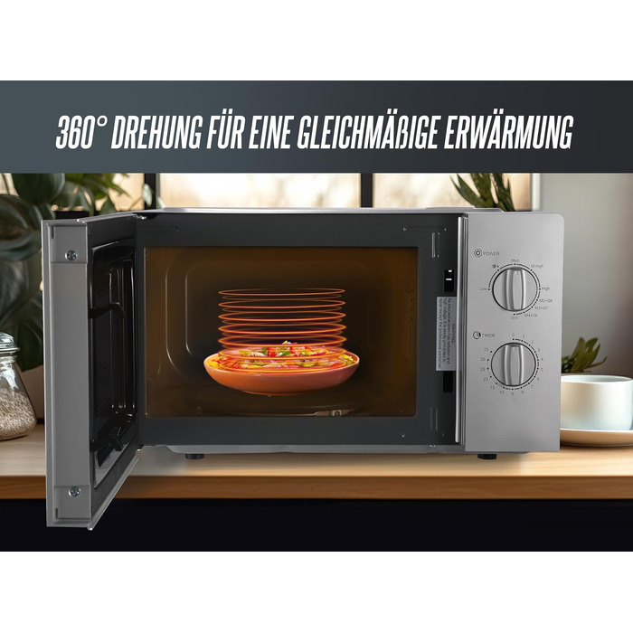Мікрохвильова піч HEINRICHS, компактна мікрохвильова піч, об'єм 20 л, 9 рівнів потужності, в т.ч. таймер 35 хв., функція розморожування, внутрішнє освітлення, поворотний стіл на 360, з функцією гриля, потужність 1000 Вт, Heinrich's (срібло)