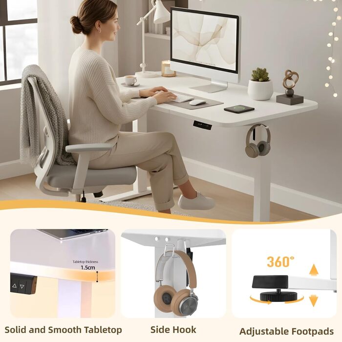 Електрично регульований по висоті стіл 120x60 см з функцією пам&39яті та портом зарядки USB, ергономічний стіл з регульованою висотою для роботи сидячи та стоячи, білий, для домашнього офісу, 120 x 60 см