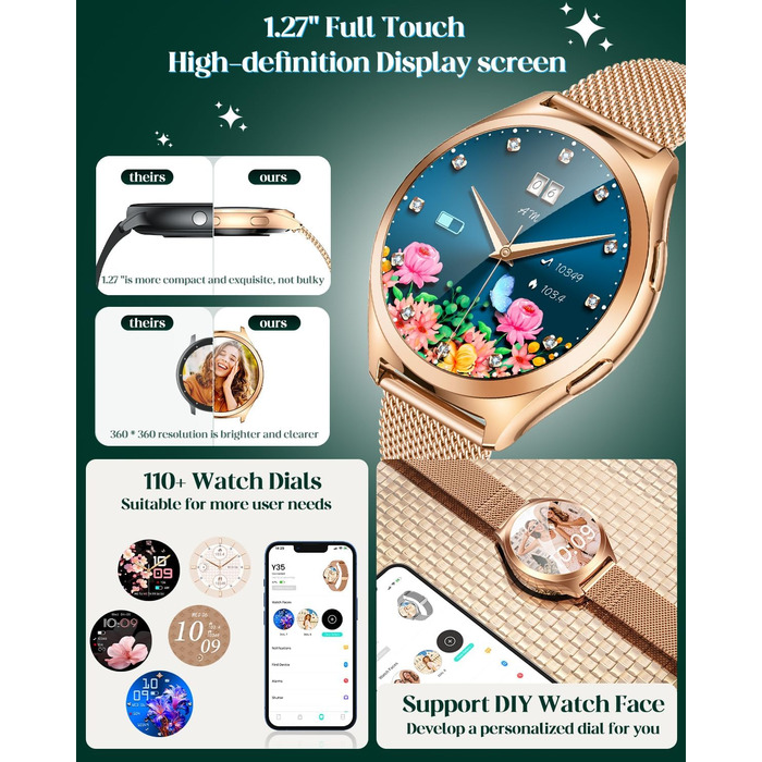 Золотий смарт-годинник для жінок, круглий смарт-годинник для жінок, металевий браслет з функцією телефону, крокомір, монітор сну, серцевий ритм, кров&39яний тиск, водонепроникний 1,27 дюйма, маленький тонкий сенсорний екран, спортивний фітнес-годинник