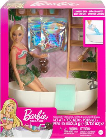 Серія Barbie Self-Care, ванна з конфетті, лялька Barbie зі світлим волоссям, купальник, цуценя, 2 набори мила Confetti, аксесуари