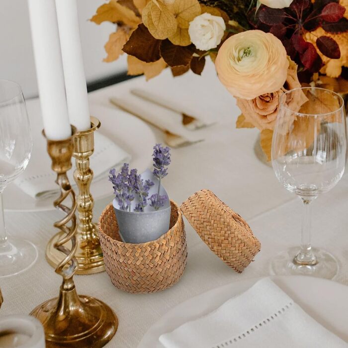 Міні-кошик IMIKEYA з 2 предметів з морською травою та кришкою, круглий, ручної роботи, маленька скринька з морської трави, кошики для зберігання з верби, сільський квітковий кошик для столу, дому, вечірки, 12x9 см