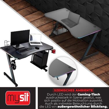 Ігровий стіл MY SIT Gizmo зі світлодіодним підсвічуванням, що змінює колір - Тримач для навушників, тримач для ПК та підсклянник - Потужне керування кабелями - Ігровий стіл/комп&39ютерний стіл чорного кольору