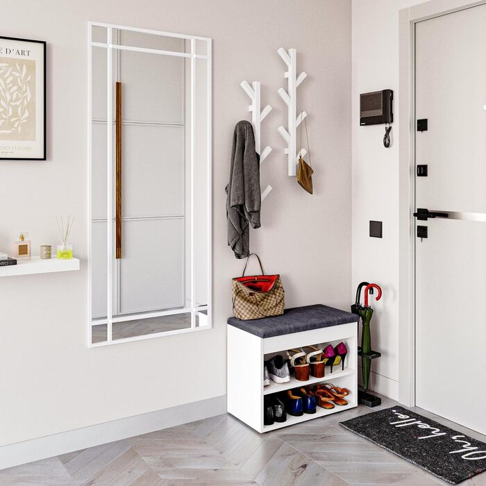 Лавка для взуття KOMTO з сидінням - Стелаж для взуття, лавка з місцем для зберігання, біла 60 x 48 x 32 см, Маленька шафка для взуття з лавкою, лавка для коридору, гардеробна лавка, Софія, біла Оббивка сіра 60 x 48 x 32 см