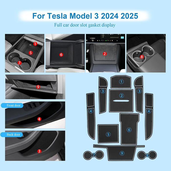 Протиковзкі килимки Coleya, сумісні з Tesla Model 3 2024 2025 2026, Гумові килимки з центральною консоллю, Килимки для дверного шва Килимок для чашок, Tesla Model 3 Гумові нековзні килимки Highland (білі)