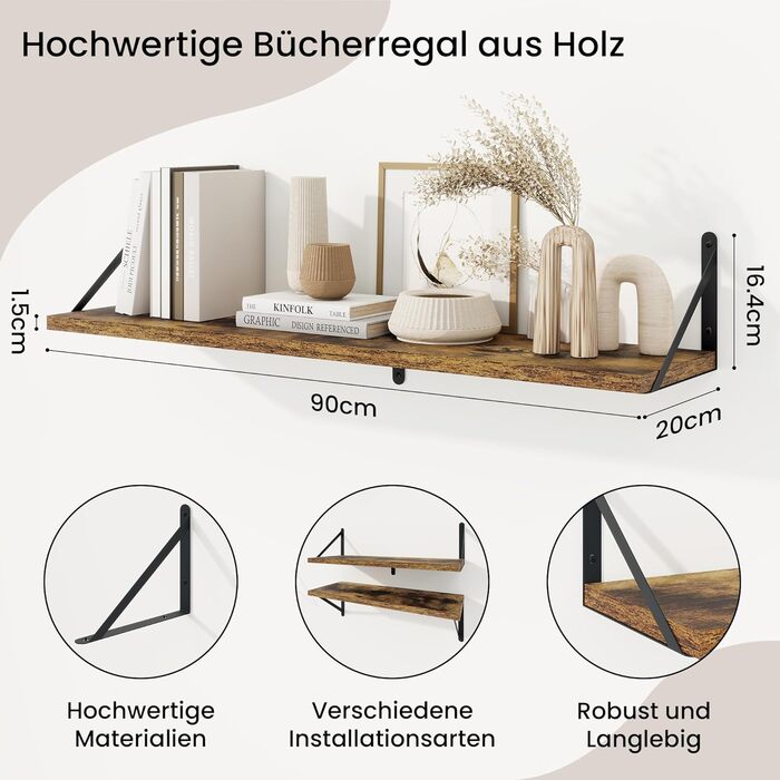 Настінні полиці, комплект з 3 шт. , ширина 90 см, глибина 20 см, дерев&39яні полиці з ДСП, плаваюча полиця для вітальні, спальні, кухні, кабінету, вінтажно-коричневий колір, 90 x 20 см, комплект з 3 предметів (90 см) вінтажно-коричневий колір