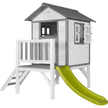 Ігровий будиночок AXI Beach Lodge XL в білому кольорі зі світло-зеленою гіркою Будиночок на палях з деревини FSC для дітей Невелика ігрова вежа для саду.