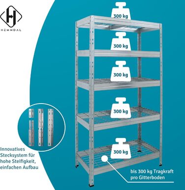 Вуличний стелаж із широким прольотом - вантажопідйомність 1500 кг - ВxШxГ 180 x 90 x 45 см - стелаж без болтів з 5 полицями з регульованою висотою - максимальне навантаження на полицю 400 кг - сертифікований TV - надміцний стелаж з оцинкованої сталі, тип 